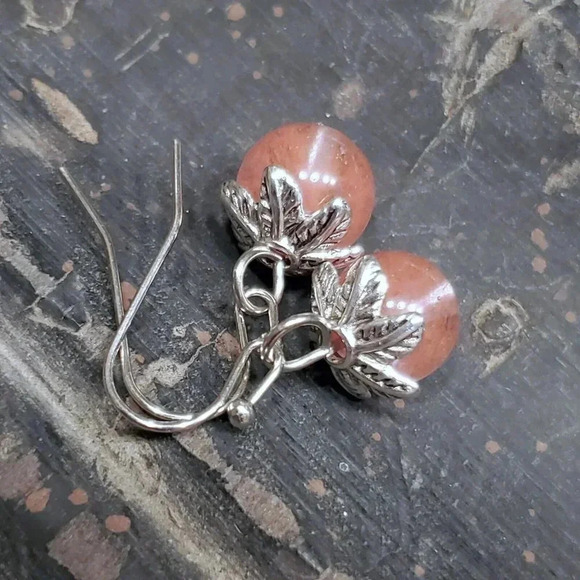 Cherry Quartz Gemstone Dangle Silver Platinum Plated Earrings - Picture 1 of 11